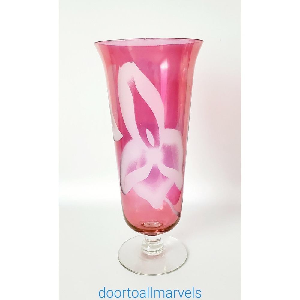 Vintage 1950s Cranberry Footed Vase Flash Glass w/ Iris Etching  10"H